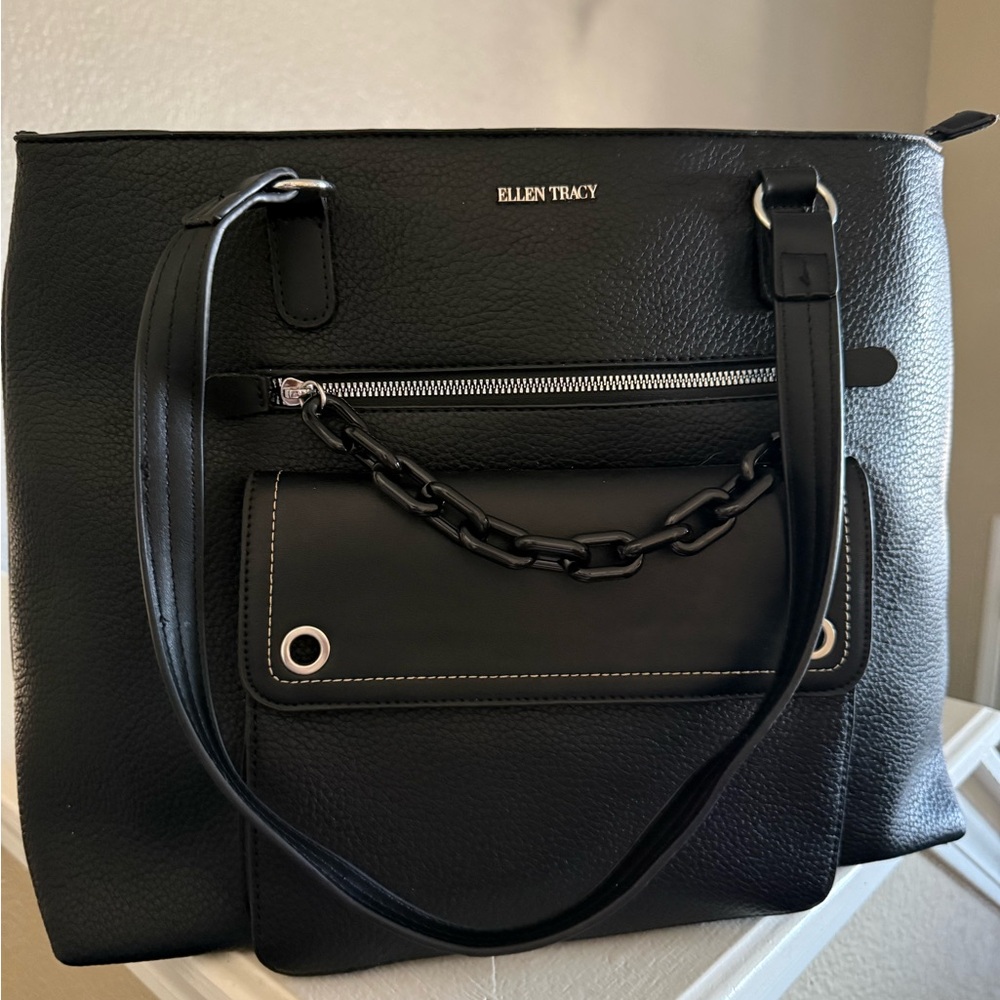 Ellen Tracy "Adeline" Pebble Grain Double Handle Black Tote